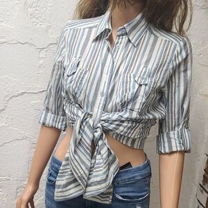 At Last Versatile Long Stripe Button Up Blouse